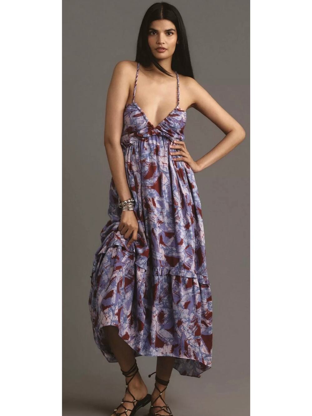 Anthropologie Purple and Brown Printed Midi Dress